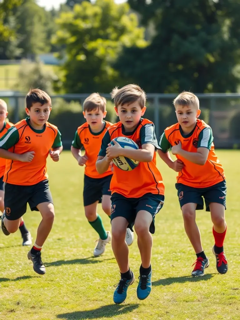 Action shot of young rugby players participating in a training drill at USJO UNION SPORTIVE JUILLAC OBJAT, focusing on teamwork and skill development.