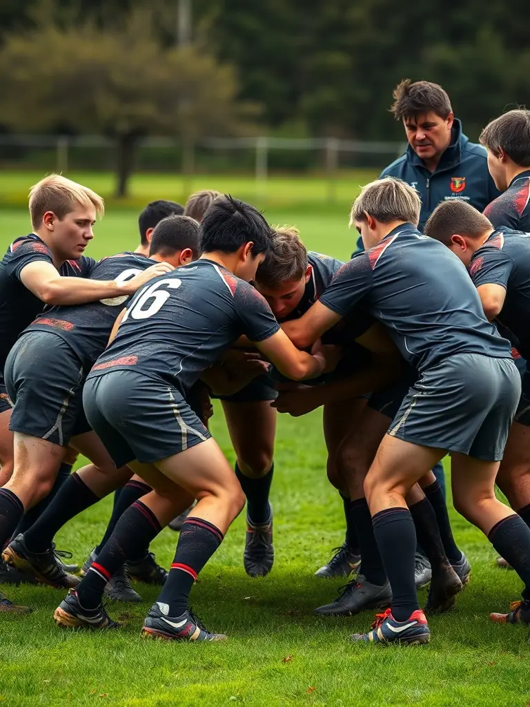 Action shot of young rugby players in a scrum during a training session, showcasing teamwork and physical exertion at USJO UNION SPORTIVE JUILLAC.
