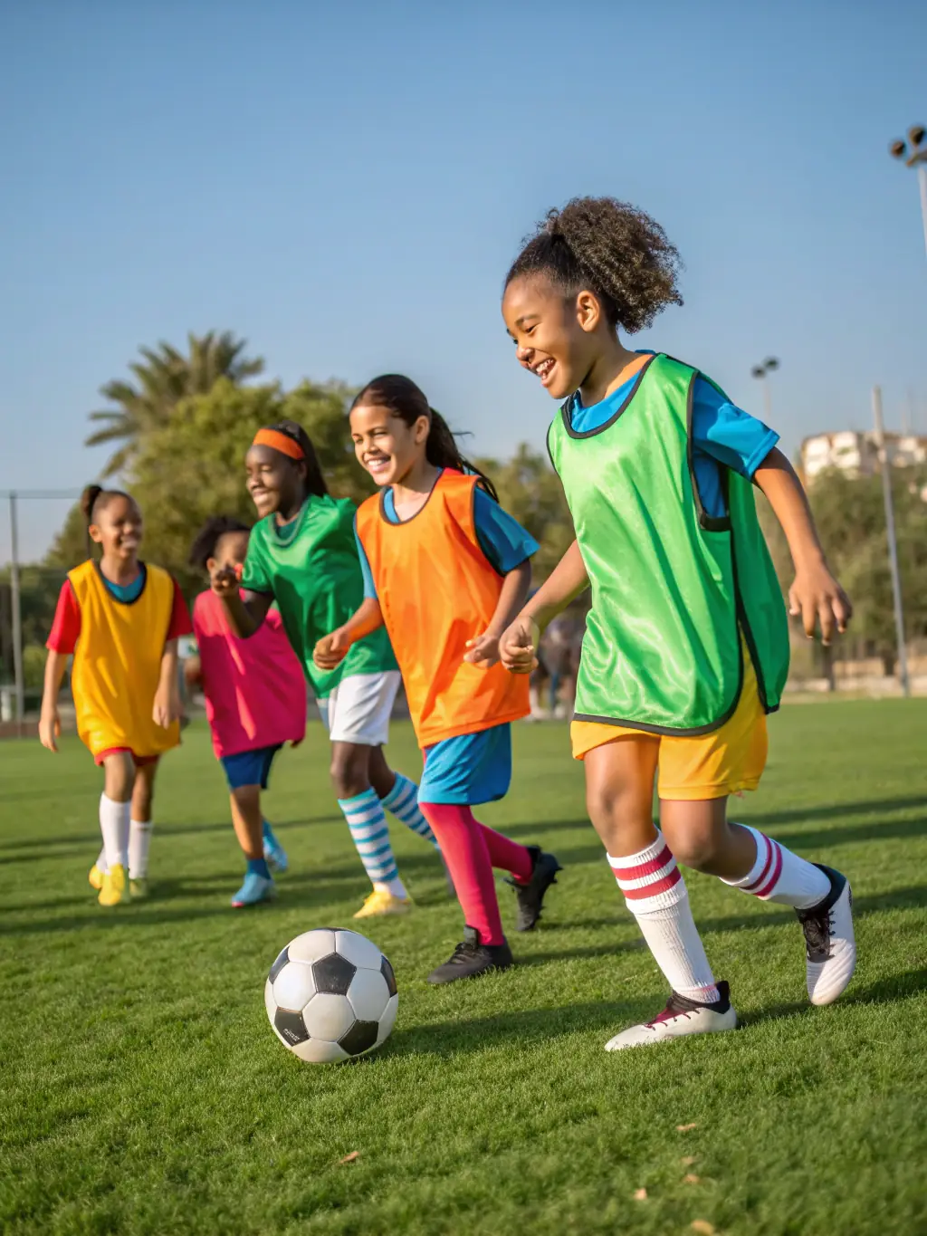 A picture of a group of children playing soccer, emphasizing the fun, teamwork, and physical activity involved in the sport.