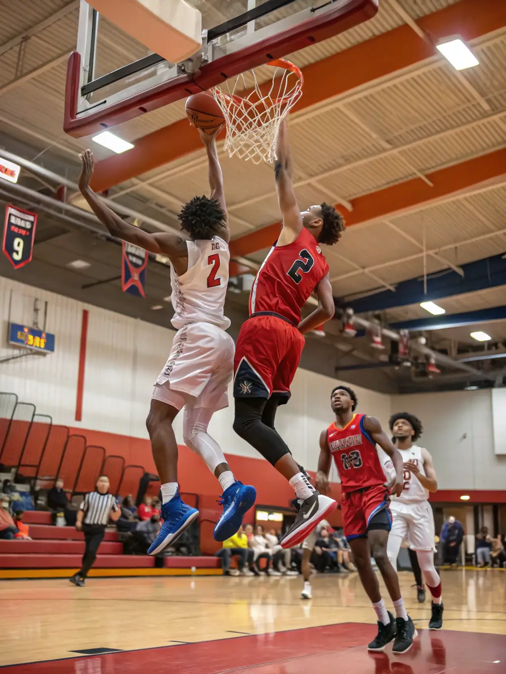An image of a basketball team in action during a game, highlighting the intensity, strategy, and camaraderie involved in the sport.