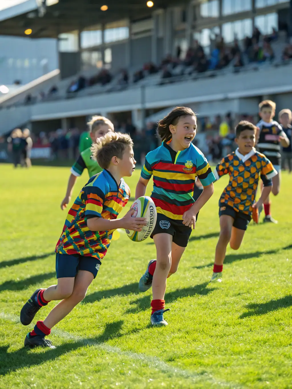 A dynamic image of children participating in a rugby training session, showcasing teamwork and active engagement, set against the backdrop of a sunny sports field.