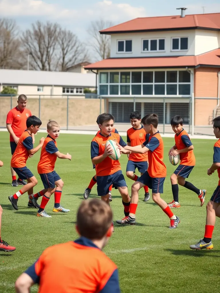 Action shot of young rugby players in a training session, focusing on teamwork and skill development at USJO UNION SPORTIVE JUILLAC.